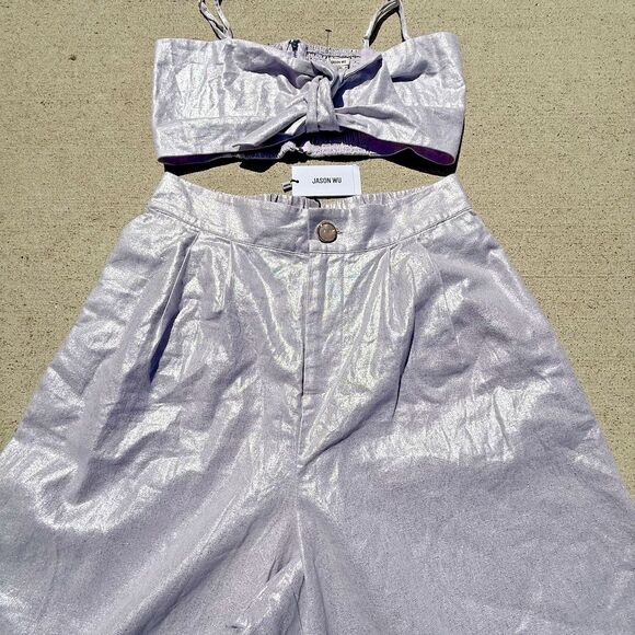 Jason Wu Lavender 2 Piece Wide Leg Pleated Pant Bow Crop Top NWT $425 Medium - Picture 1 of 14